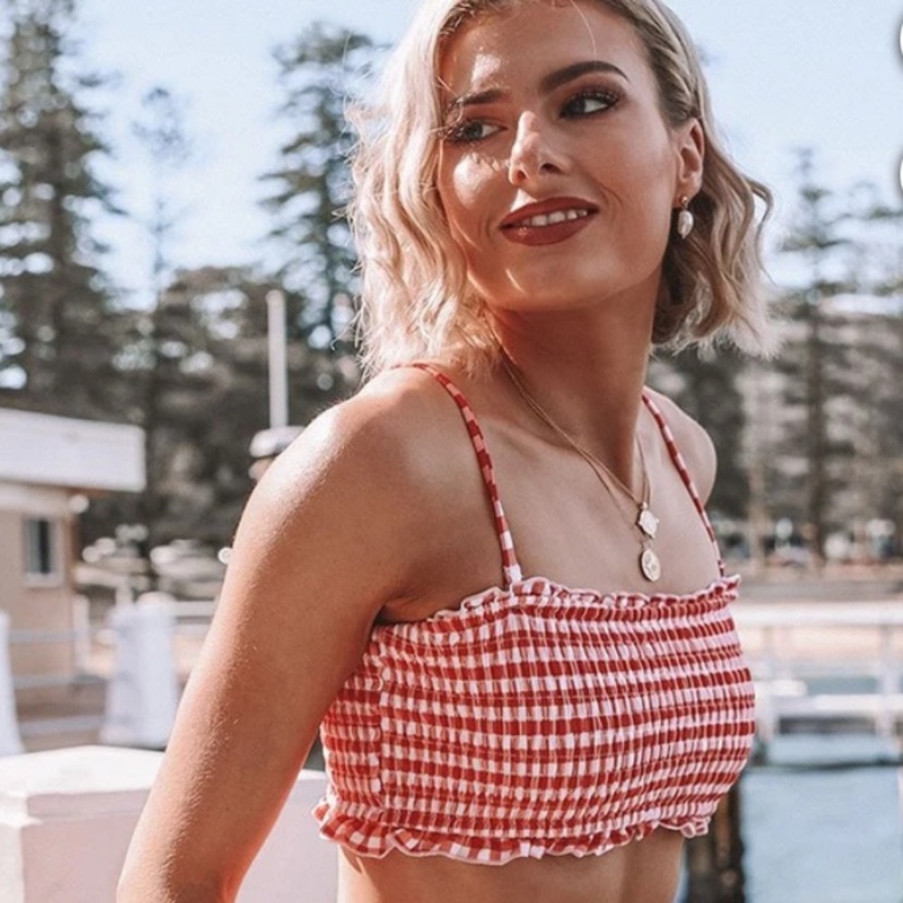 Cupshe Red Gingham Smocked Bikini (Top Only) NWT